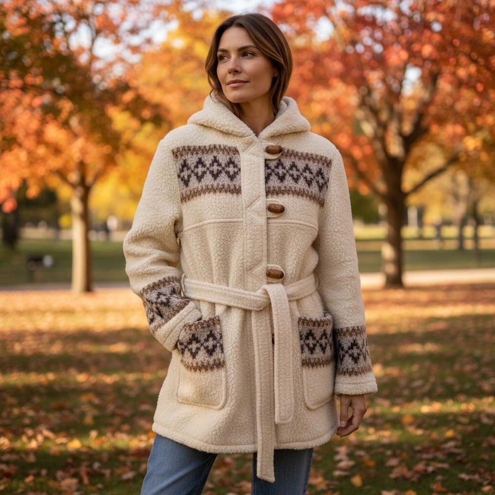 Gemini Fashions Canada Vintage Hooded Sherpa Coat Fair Isle Toggle Belted Cream